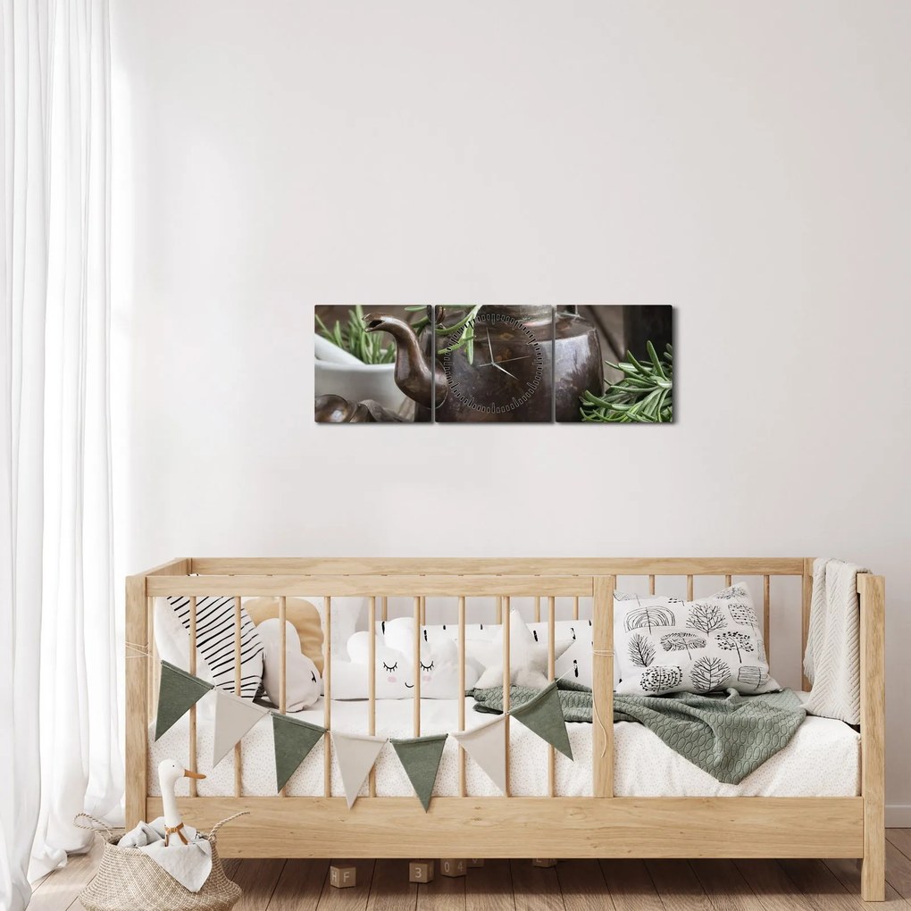 Obraz - Czajniczek z rozmarynem (z zegarem) (90x30 cm)
