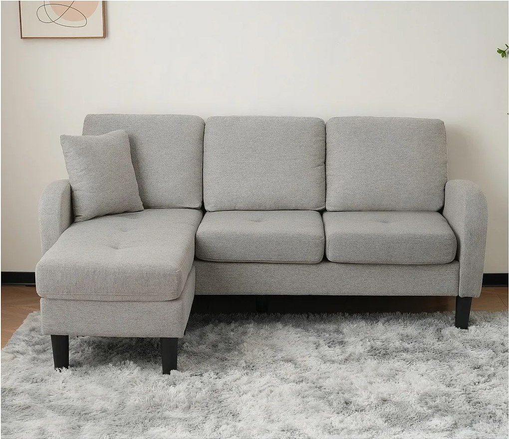 Narożnik 3-osobowy z szezlongiem - 185 x 118 x 82 cm - oddychająca tkanina bawełniano-lniana - Szary