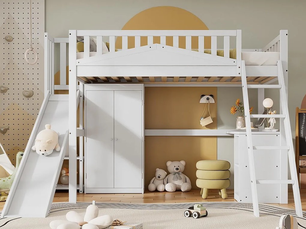 Łóżko piętrowe drewniane 90x200 cm - z biurkiem + szafą + zjeżdżalnią - białe