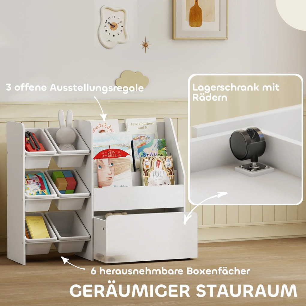 AIYAPLAY Regał na zabawki, regał do pokoju dziecięcego z 6 pojemnikami, półka na książki, rolowany pojemnik, 100 x 30 x 80 cm, MDF, stal, Biały
