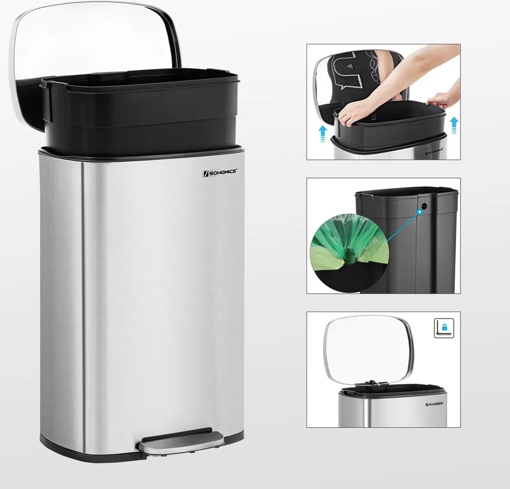 Kosz na śmieci TIDY z wolnym zamykaniem, 50 l, srebrny SongmicsHome