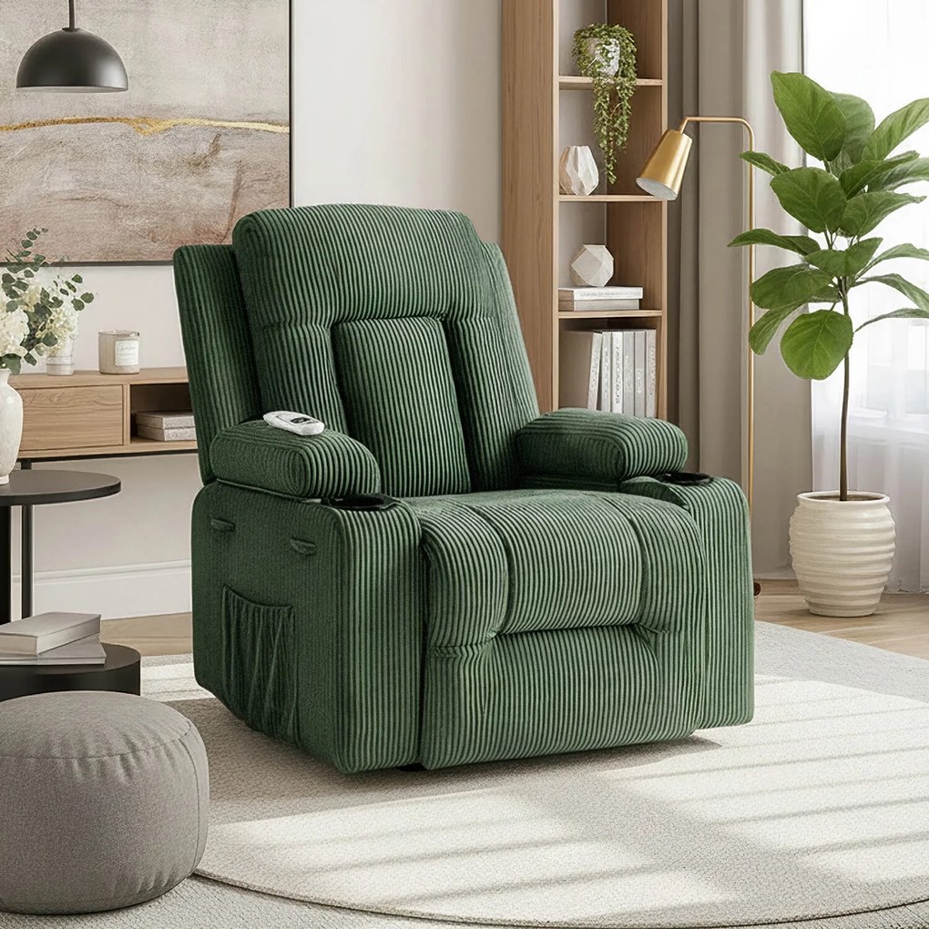 Fotel Masujący BOX Rozkładany Wypoczynkowy z Podnóżkiem Zielony Sztruksowy Nowoczesny