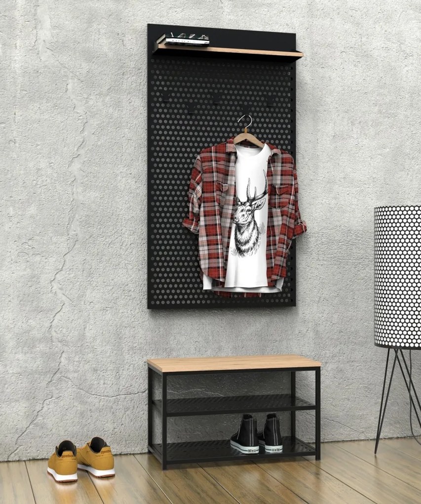 Szeroki taboret z półkami na buty Loft LT2 czarny/dąb wotan