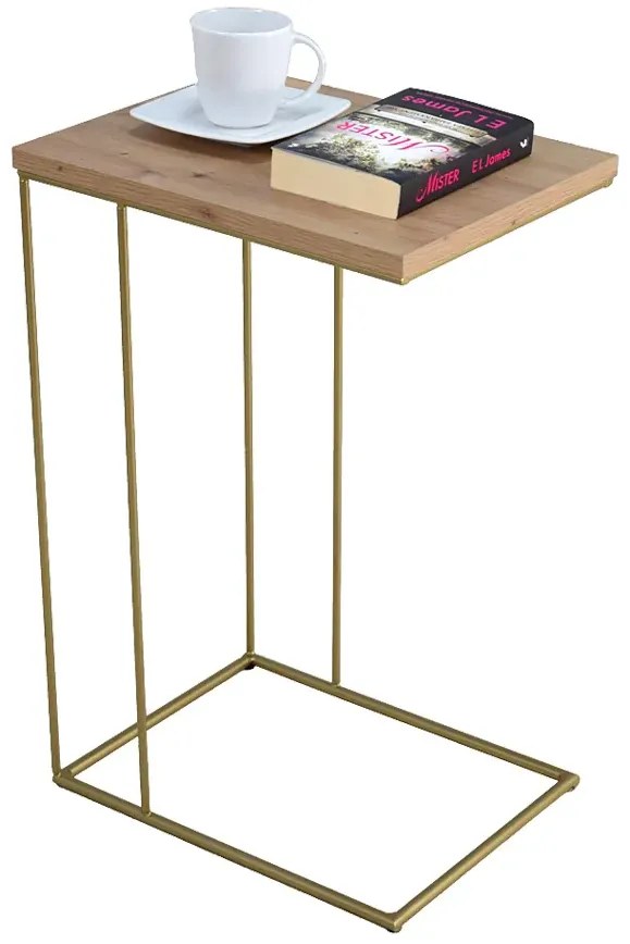 Druciany stolik pomocniczy dąb artisan + złoty D7-F80