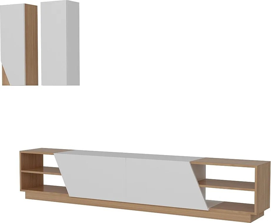 Nowoczesna szafka pod telewizor – 240 x 47 x 37,5 cm – Kolor biały i tekowy – Melamina