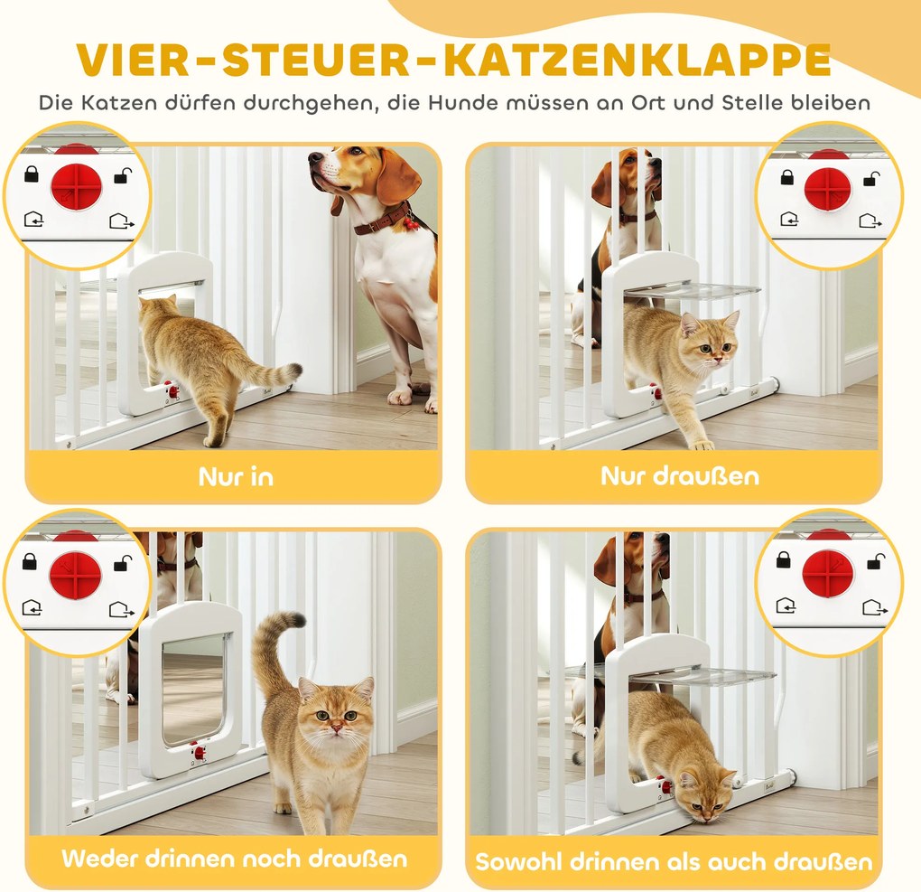 PawHut Bramka zabezpieczająca drzwiowa z drzwiczką dla kota, bez wiercenia, 75-85 cm ze stali dla psów, schody, drzwi, Weiß | Aosom PL