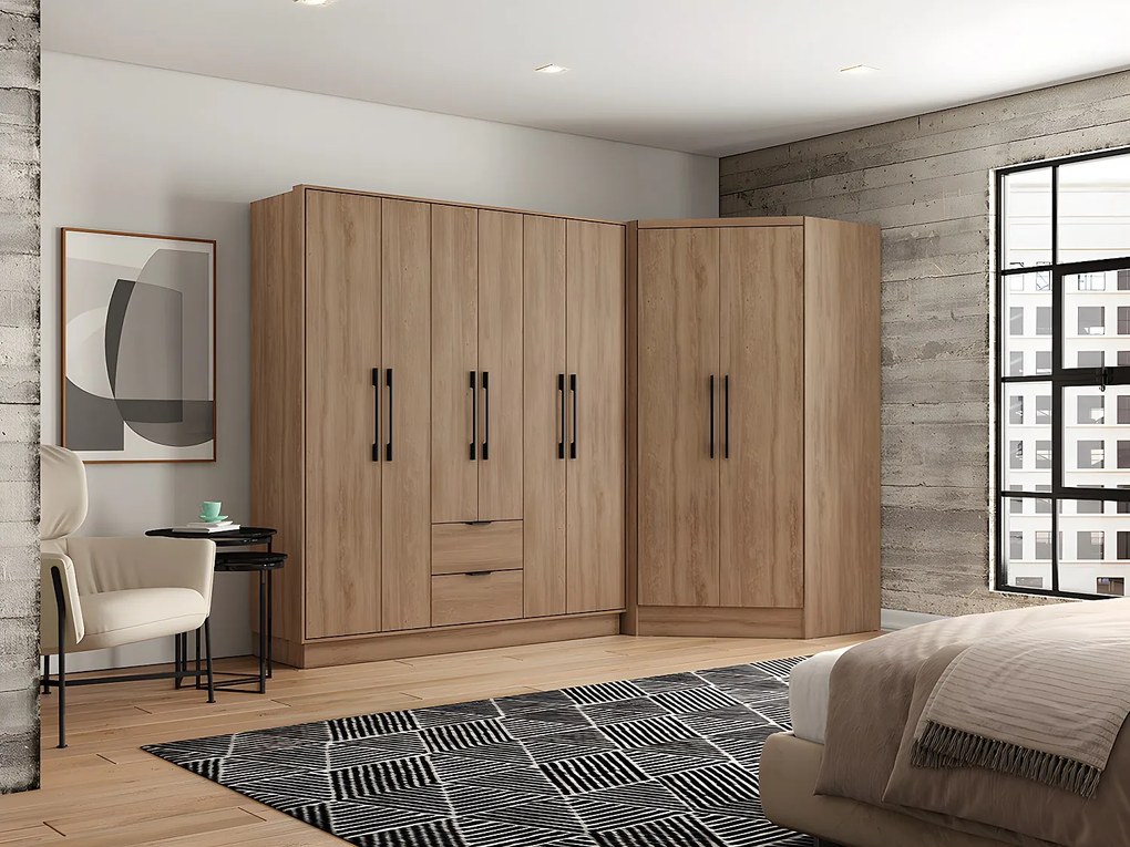 Szafa narożna 8-drzwiowa z 2 szufladami - szer. 263 cm - Naturalny - FEOVA