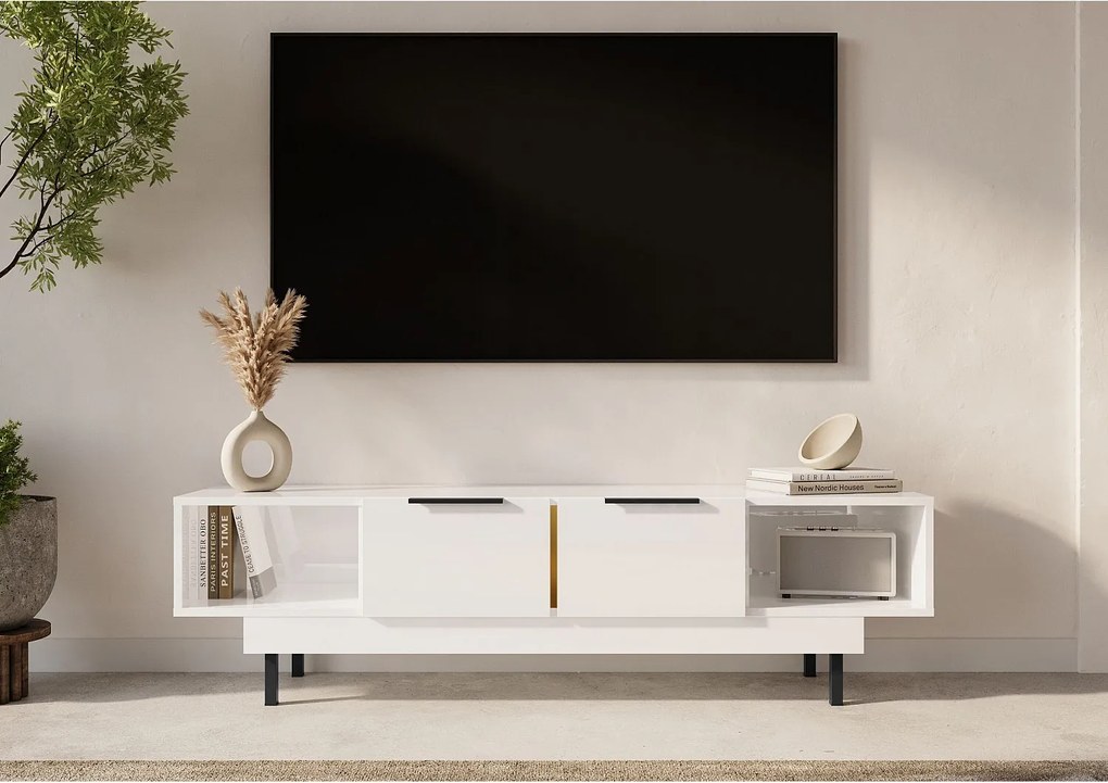 Elegancka biała komoda RTV Dancan ARTEMISA ze złotymi dodatkami / szer. 163 cm