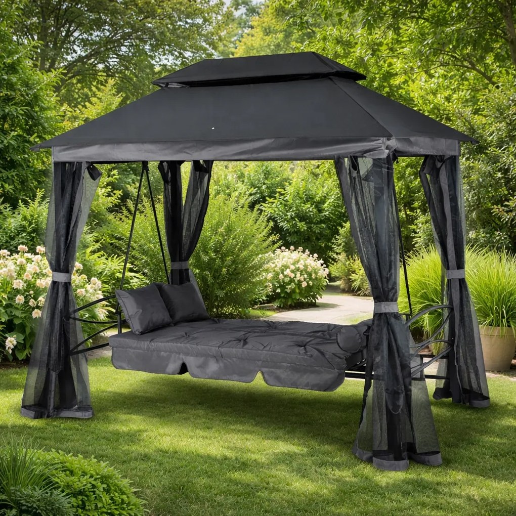 Huśtawka ogrodowa 2w1 z funkcją leżenia i moskitierą Luxe, szary/czarny