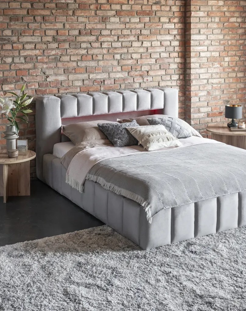 Łóżko tapicerowane LAMICA VELVET 160x200 jasnoszare z pojemnikiem ELTAP