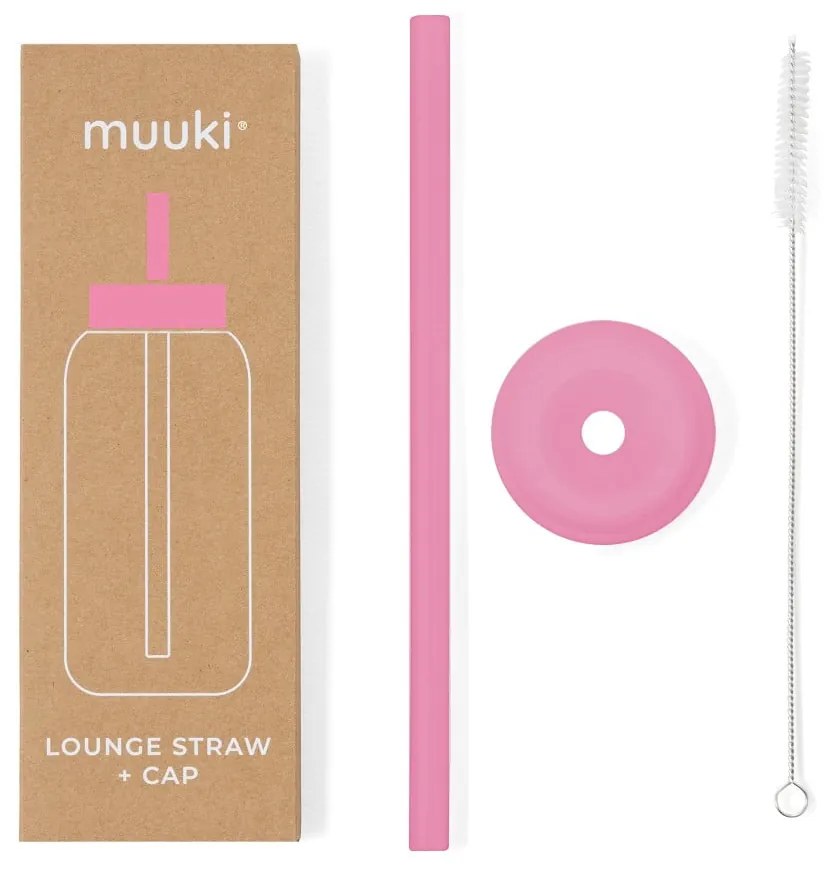 Silikonowa słomka z wieczkiem i szczoteczką w komplecie Flamingo Pink – Muuki