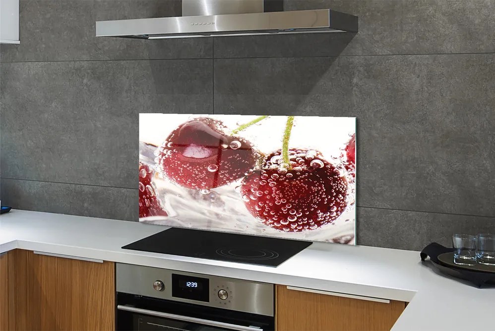 Panel szklany do Kuchni Czereśnie w Kroplach Wody