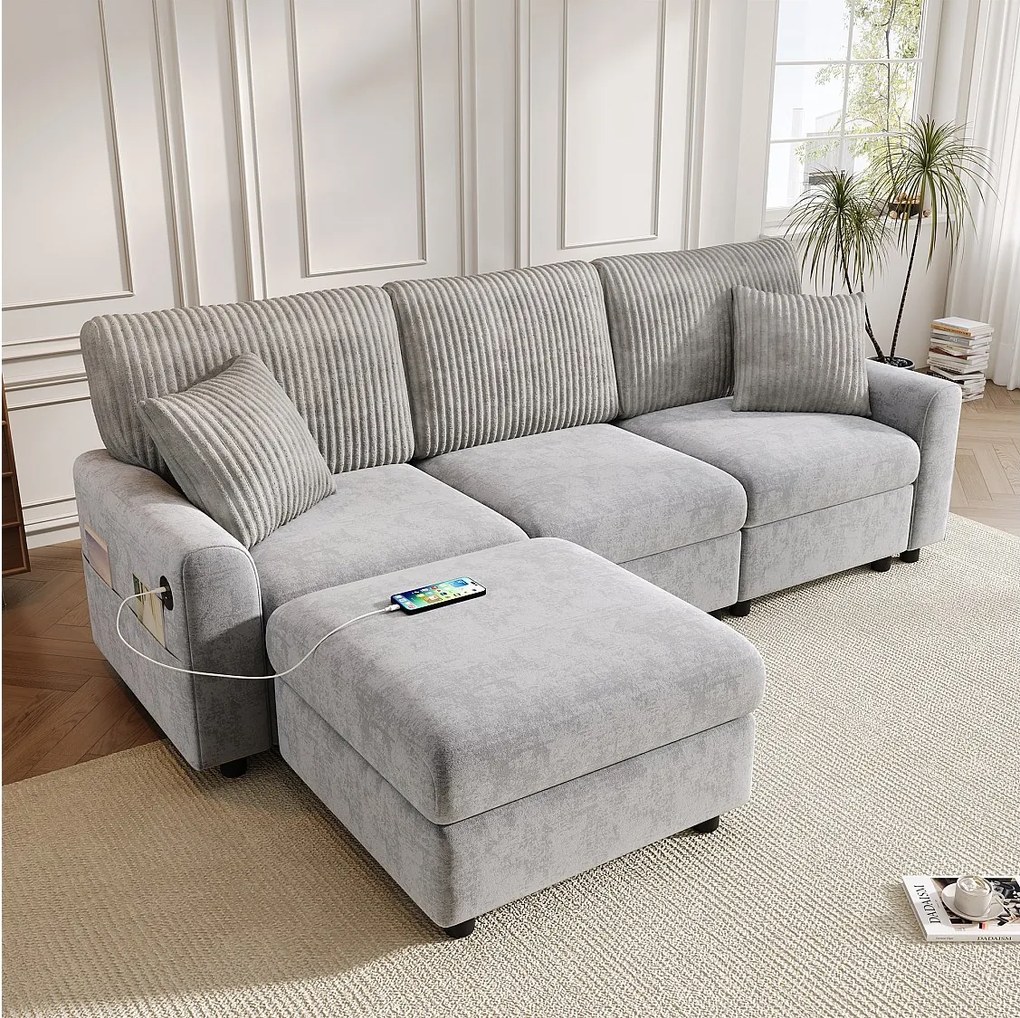 Nowoczesna sofa 3-osobowa - 223 x 146 x 84 cm - z 1 podnóżkiem + 2 poduszkami + USB + Type-C - welur - szary