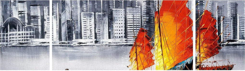 Obraz - Victoria Harbor, Hongkong, czarno-biały obraz olejny (170x50 cm)