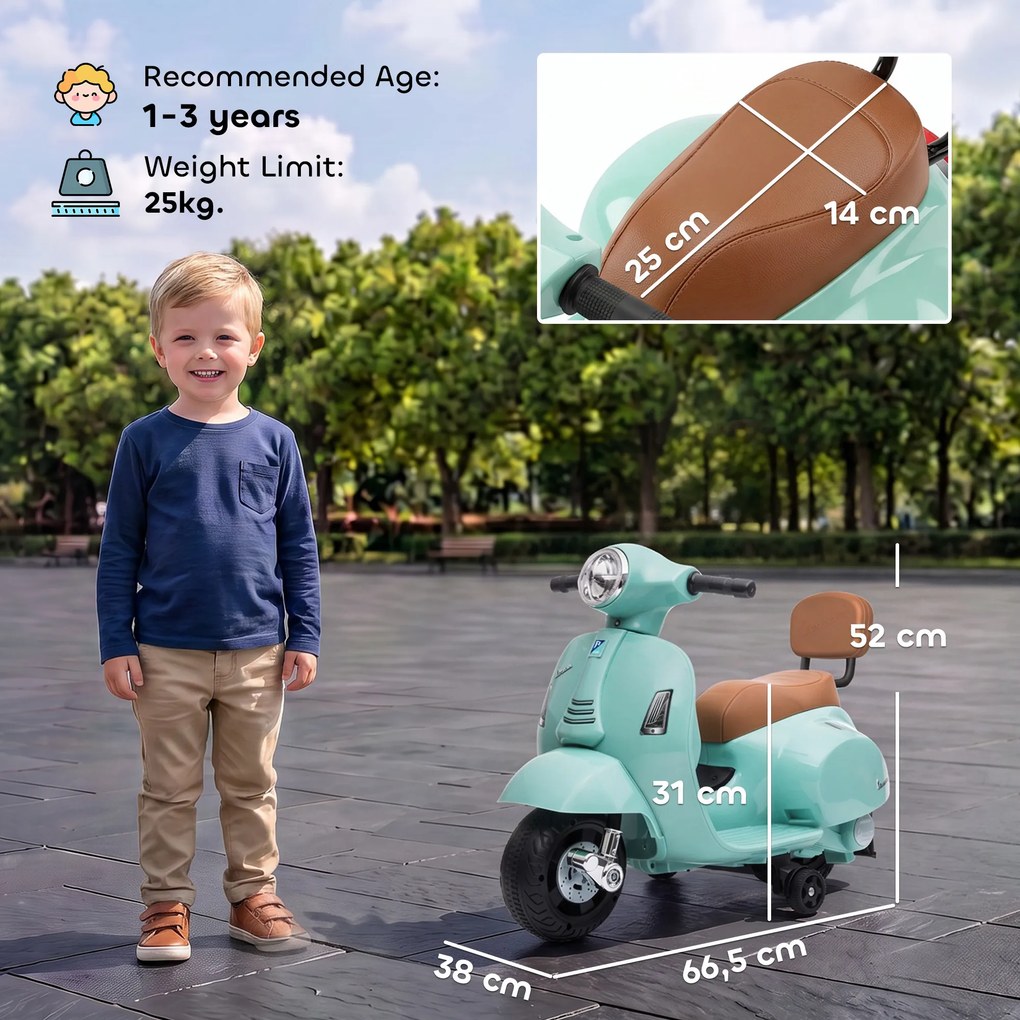 AIYAPLAY Elektryczny motorek dziecięcy Mini Vespa GTS 6V z akumulatorem litowym, ergonomiczne siedzisko i oparcie 1,5-3 lat | Aosom PL