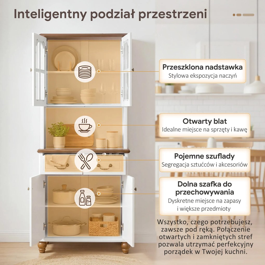 HOMCOM Szafka kuchenna z 2 szufladami, wysoki szafką z otwartą półką, szafka z witryną i funkcją Soft-Close do salonu, kuchni, 76 x 38 x 182 cm, biały