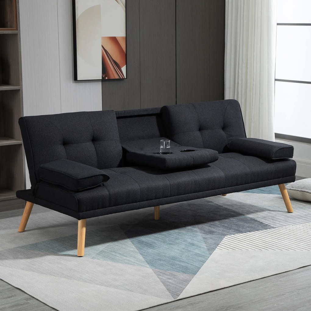 HOMCOM Sofa do spania, rozkładana z regulowanym oparciem, składany stolik, 181x77x78 cm, Szara/Drewno