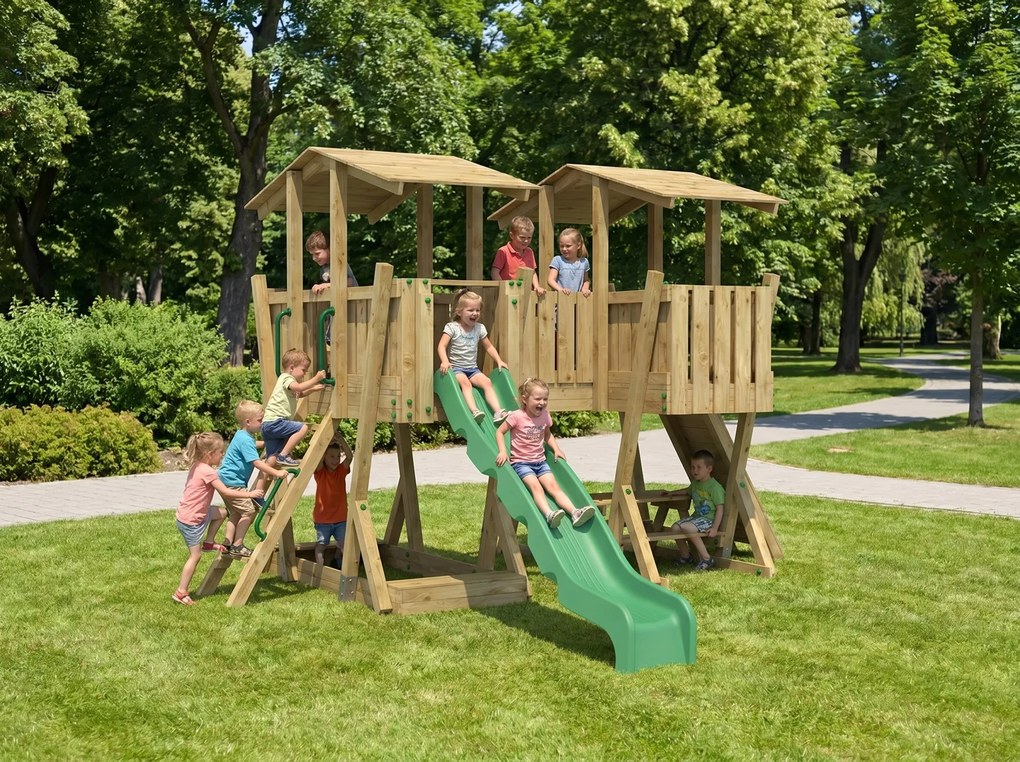 Duży drewniany plac zabaw FunForte V z certyfikatem do szkoły i przedszkola