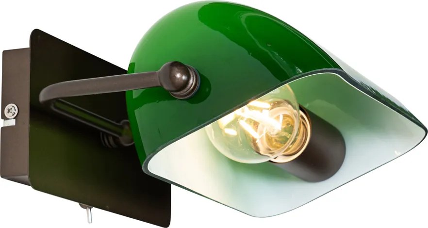 Klasyczna lampa ścienna notariusza ciemnobrązowa ze szklanym kloszem w kolorze zielonym - Banker