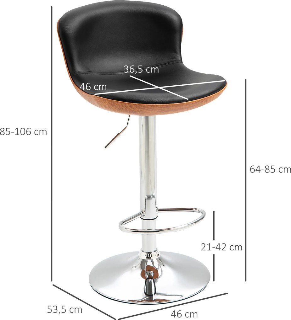 HOMCOM Stołek barowy z podnóżkiem zestaw 2 szt. Krzesło barowe z regulacją wysokości obrotowe PU czarny