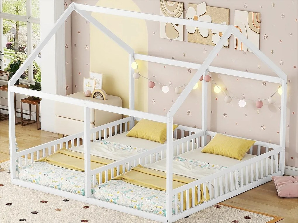 Łóżko piętrowe z drewna sosnowego 2x90x200cm - z dachem i stelażem na listwy - Białe