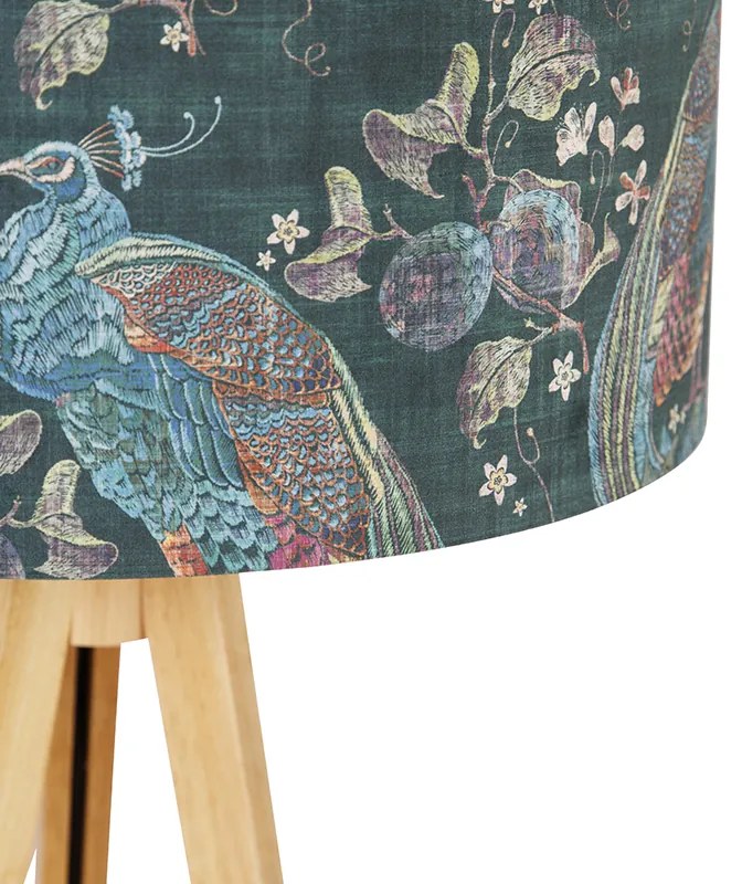 Nowoczesna lampa podłogowa drewniana z abażurem z tkaniny w kolorze czarnym z motywem pawia 50 cm - Tripod Classic Nowoczesny Oswietlenie wewnetrzne