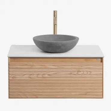 Zestaw Wiszących Mebli Łazienkowych Z Drewna Jesionowego Tedrik Popielaty Brąz & Okrągły Szary Cement Ø40 - Sklum