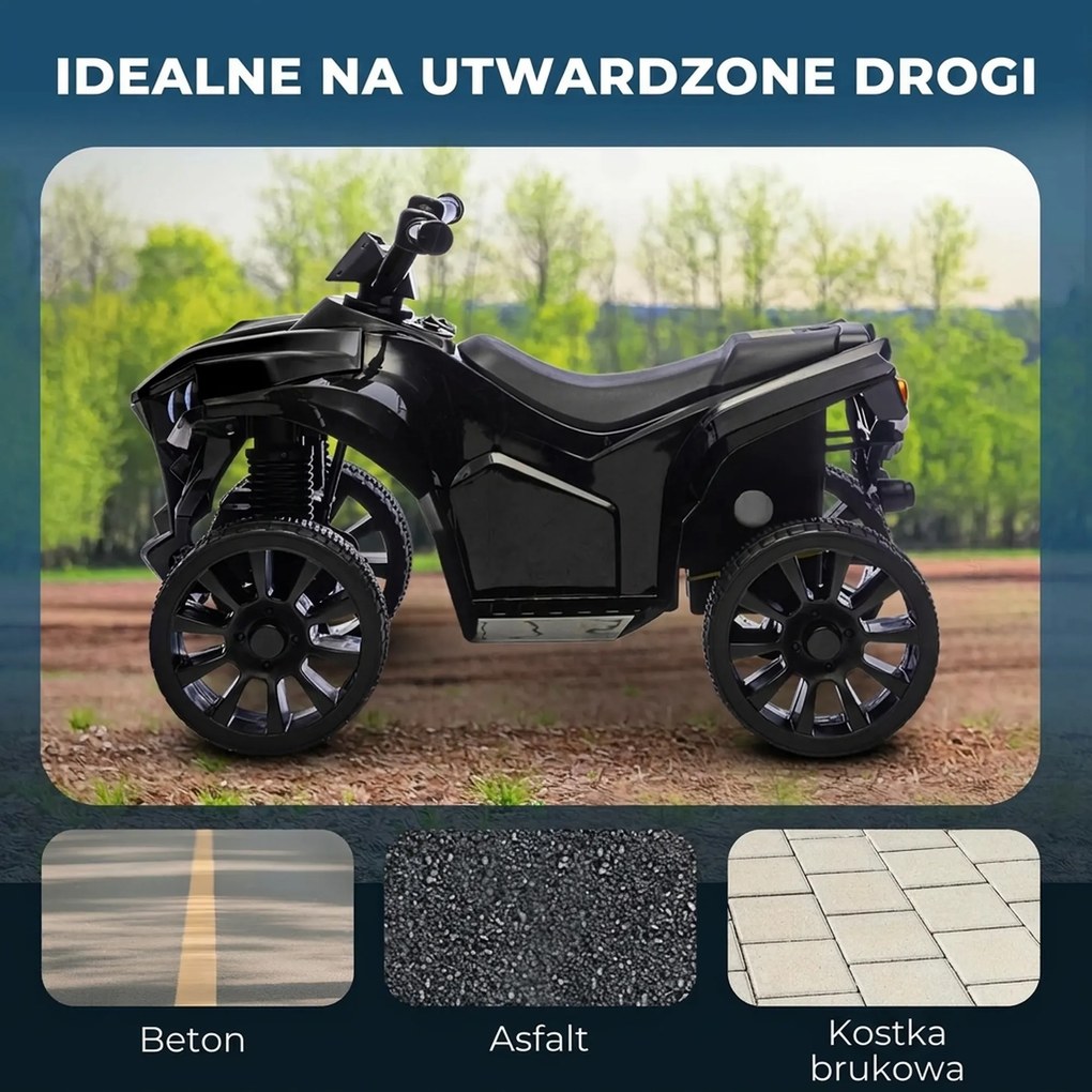 AIYAPLAY Quad dziecięcy elektryczny 6 V quad dla dzieci z funkcją przód/tył, muzyką, reflektorami LED Czarny