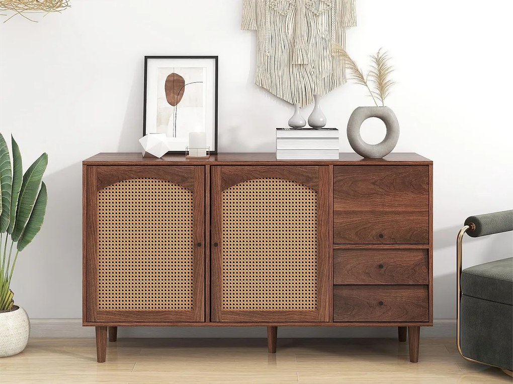 Bufet z 3 drzwiami i 2 szufladami - drzwi z plecionki żywicznej - styl wiejski - brązowy