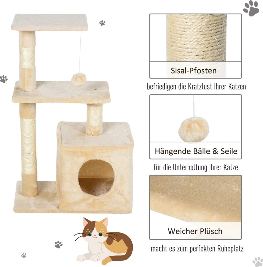 PawHut Drapak dla kotów z zabawką - Centrum rozrywki, pluszowe platformy i jaskinia, beżowy