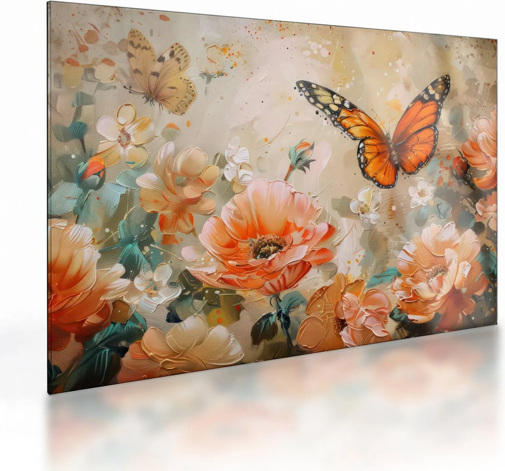 Obraz na szkle - Motyl i kwiaty, obraz olejny (70x50 cm)