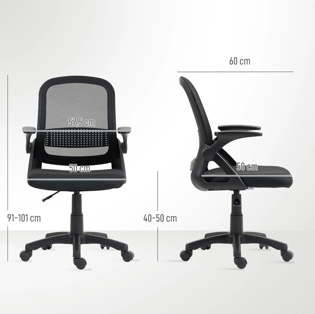 HOMCOM Oddychające Krzesło Biurowe z Siatki, Ergonomiczne Krzesło Obrotowe ze Składanymi Podłokietnikami i Wspierającymi Lędźwie, Czarny | Aosom PL