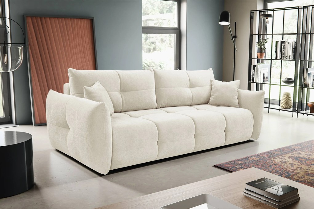 Masseno Sofa MODA z funkcją spania i pojemnikiem na pościel, Rozkładana sofa - Kremowy, WIND 02