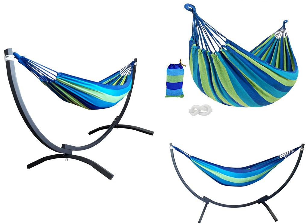 Hamak z metalowym stelażem ogrodowy dwuosobowy niebieski stelaż do hamaka POLSKI