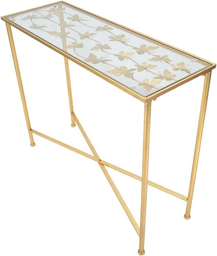 Konsola w biało-złotym kolorze ze szklanym blatem 35x100 cm Butterflies – Mauro Ferretti