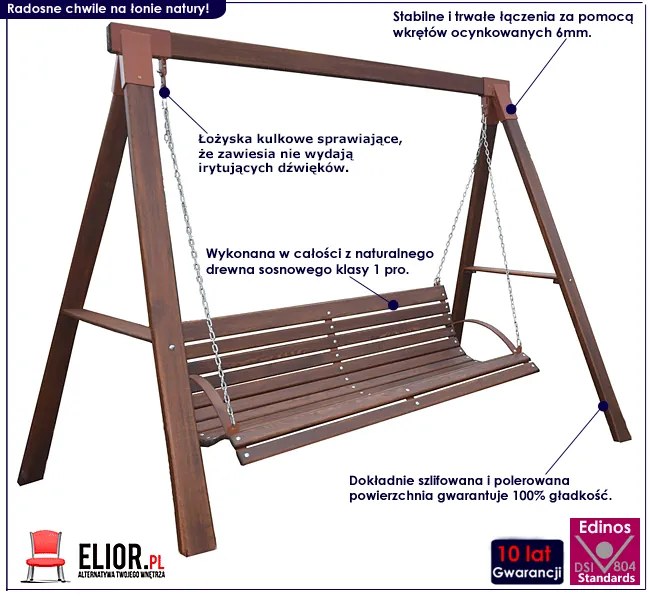 Drewniana huśtawka ogrodowa stojąca Kaori 3X - 180 cm