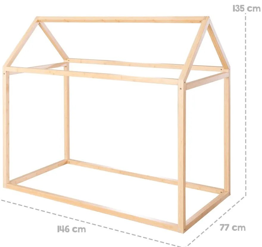 Bambusowe łóżko dziecięce w kształcie domku w naturalnym kolorze z materacem bez stelaża 70x140 cm House Bed – Roba