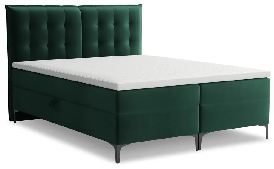 Ciemnozielone łóżko kontynentalne ze schowkiem 160x200 cm Mikana – Makamii