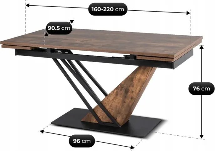 Stół Rozkładany Prostokątny REX 160-220 cm Dąb Rustykalny/Czarny do Jadalni Loft