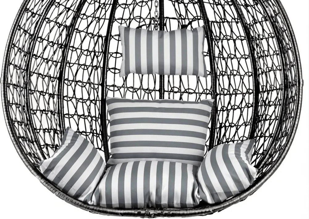 Czarne wiszące krzesło KOKON ze stojakiem, biało-szara poduszka