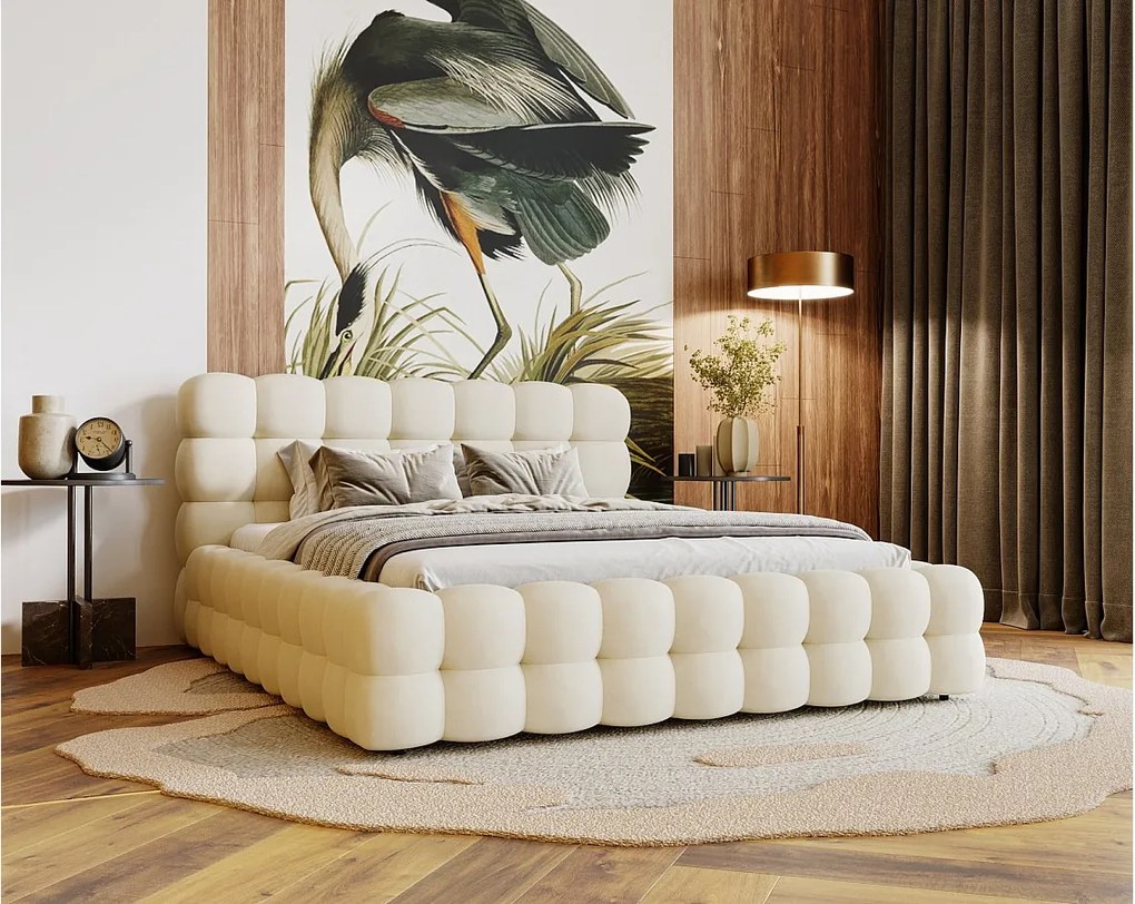 Emporius Parlas Bis łóżko 200x200 z pojemnikiem, łóżko tapicerowane do sypialni - gruba pianka, stelaż, tkanina aksamitna, wanilia (Amor Velvet 4323)