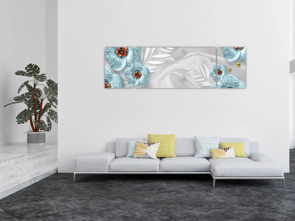 Obraz - 3D niebieskie kwiaty (170x50 cm)