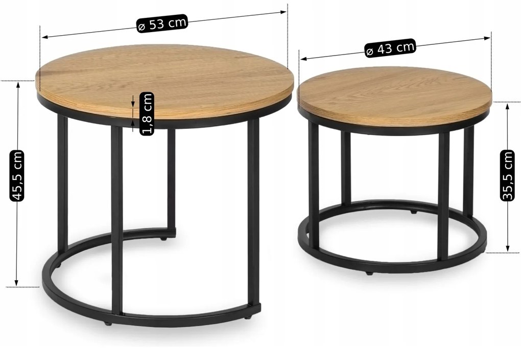 Zestaw Stolików Kawowych DELIA 43 cm/53 cm Dąb Złoty Nowoczesny Loft