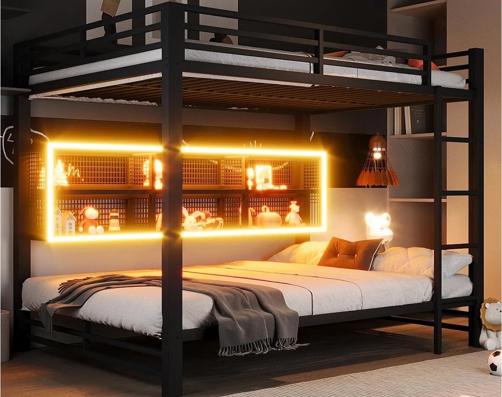 Łóżko piętrowe 140x200 cm - z oświetleniem LED - 6 przegródek do przechowywania - z barierkami bezpieczeństwa - Czarny​ (materac nie jest wliczony w cenę)