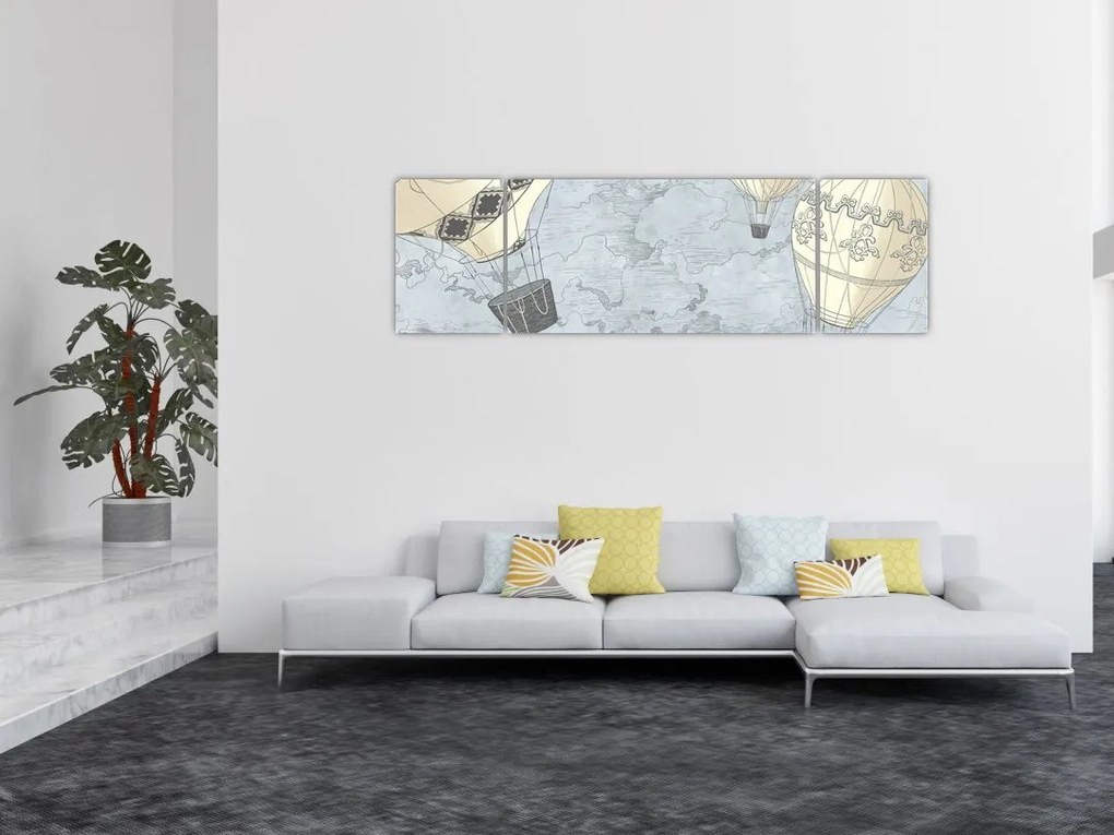 Obraz - Balony nad miastem, zimne odcienie (170x50 cm)