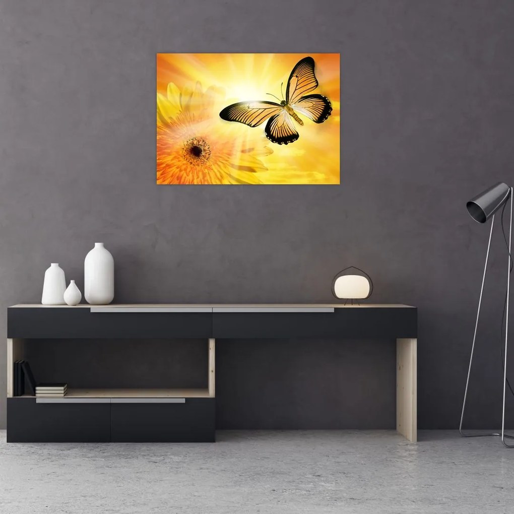 Obraz - Żółty motyl z kwiatkiem (70x50 cm)