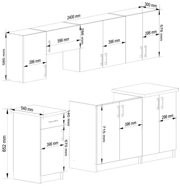 Komplet mebli kuchennych 240 cm dąb sonoma Hadson