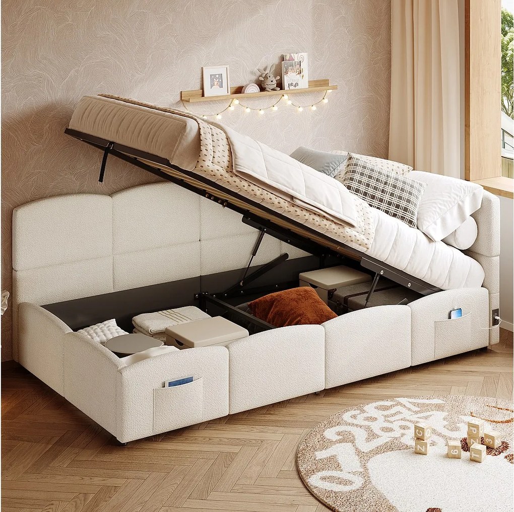 Łóżko z pojemnikiem 90 x 200 cm - Łóżko pojedyncze z 2 kieszeniami do przechowywania i ładowarką USB - beżowe bouclé - materac nie jest wliczony w cenę