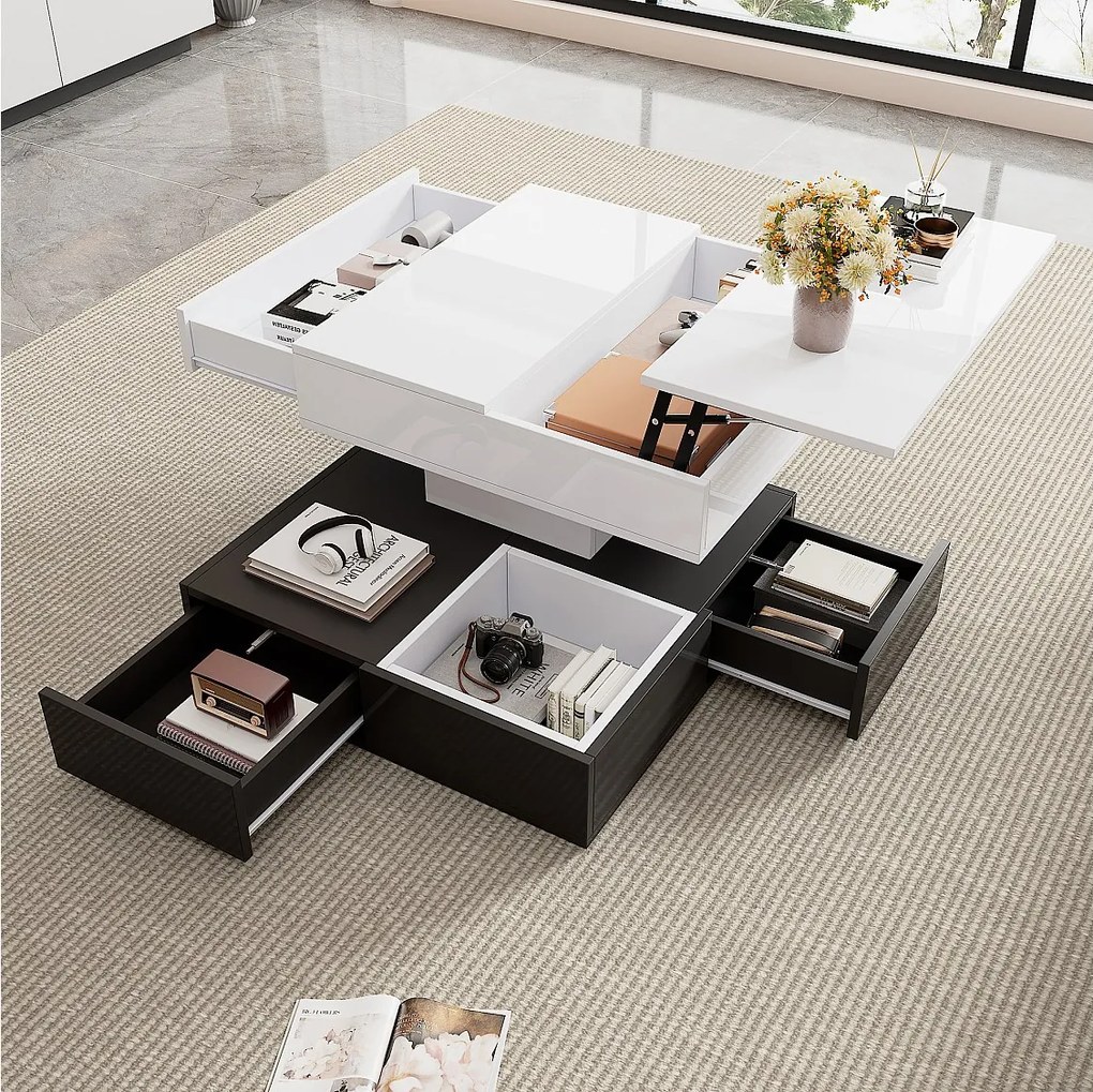 Czarno-biały kwadratowy stolik kawowy - Stolik kawowy z 3 szufladami i podnoszonym blatem - otwarta przestrzeń do przechowywania