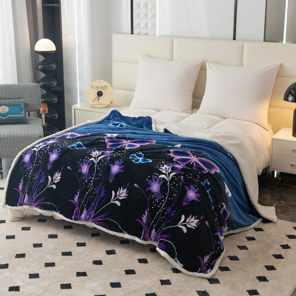 Koc z mikropluszu VIOLET BUTTERFLY ciemnoniebieski Rozmiar: 160 x 200 cm
